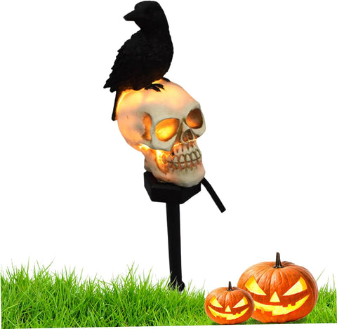 Solar Garden Light for Halloween for 6-8 Hours Solar Powered LED Waterproof Crow Skull Garden Lights Ground Plug-in Halloween Pathway Lights, Look Left, Pathway Lighting
