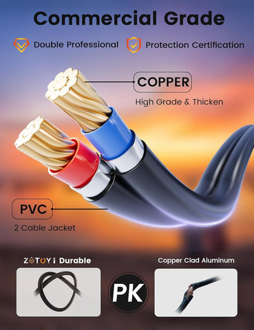 Cable with copper core and PVC jacket, featuring durability and protection certification text.