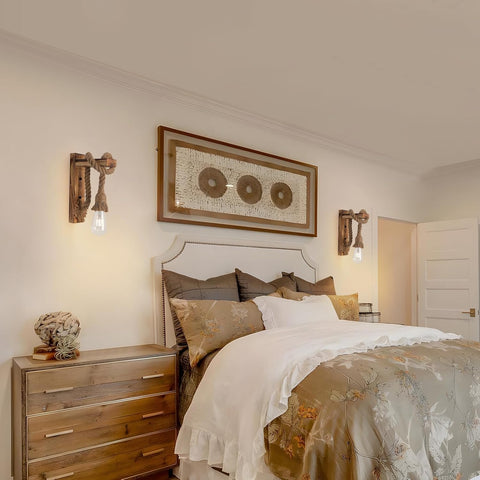 Farmhouse Wood Wall Sconce Hemp Rope Set of 2