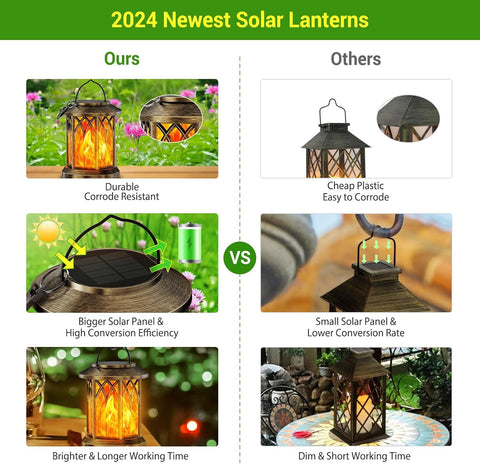 Solar Garden Lanterns Outdoor 2 Pack – Hanging Flickering Flame LED Lights, Waterproof Decorative Pathway Lighting Ornaments