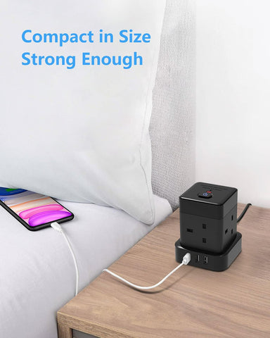 Cube Extension Lead 3M With USB Slots, Baykul 4 Way Extension Cord With 3 USB Ports, Black Long Power Strip With Switch Multi Plug Extension Cable With Overload Protection For Home Travel Office Dorm