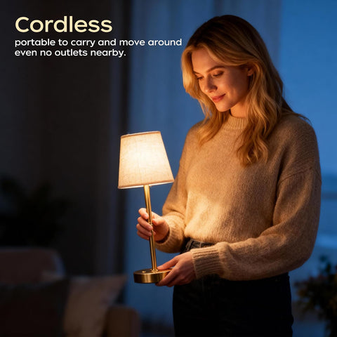 Cordless Rechargeable Table Lamp 3000K LED Gold – USB-C Touch Dimmable Battery Table Lamp for Bedside, Dining & Home Lighting