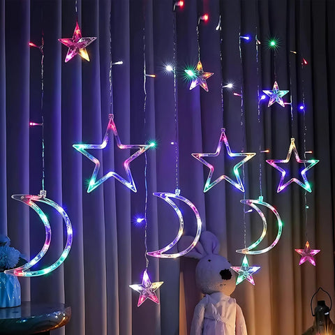 Ramadan Star Moon Curtain Lights – 138 LED Window String Lights with 8 Modes, USB & Battery Powered Multicolor Decor