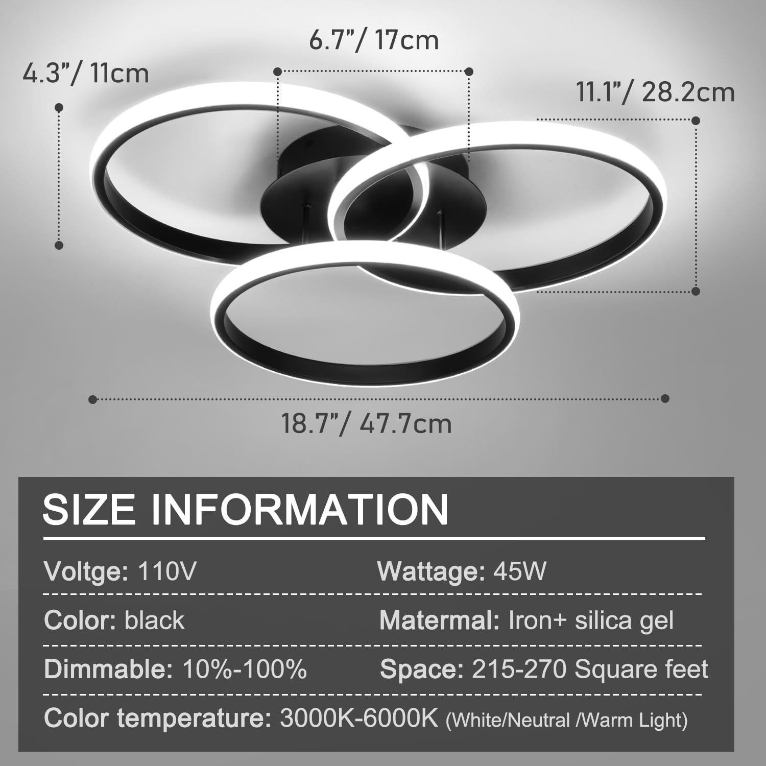Ceiling light fixture with dimensions and technical specifications on a gray background