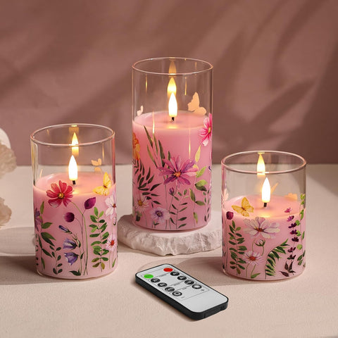 Pink Floral Glass Flameless Candles with Remote & Timer, Flickering Battery Operated LED Pillar Candles Set of 3