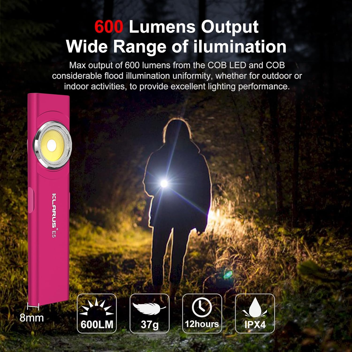 Pink flashlight with 600 lumens output being used in a dark outdoor setting.