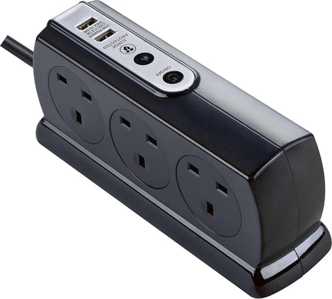 Masterplug Six Socket Switched Inline Power Surge Protected Extension Lead with Two USB Charging Ports, 2 Metres, Gloss Black