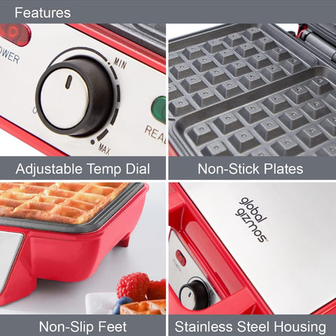 Two Slice Waffle Maker – Non-Stick Plates, Adjustable Temperature, Cool Touch Handle, Easy Clean Stainless Steel – Red