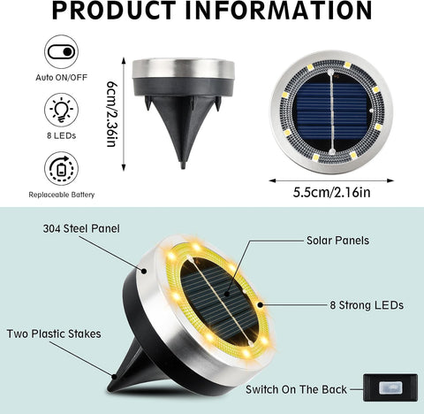 Pack of 12 Outdoor Solar Lights, 8 LED Solar Ground Light, Waterproof IP65 Outdoor Solar Spotlight, Solar Outdoor Light, for Pathway, Lawn, Patio, Courtyard, Swimming Pool