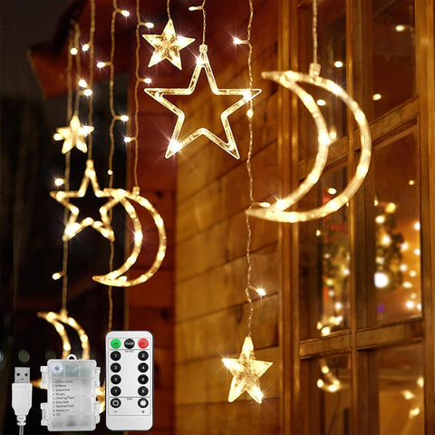 Ramadan Star Moon LED Curtain Lights – 3.5M Warm White String Lights with 8 Flashing Modes, USB & Battery Powered for Indoor and Outdoor Decoration