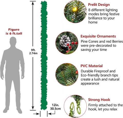 Pre-Lit 9ft Artificial Christmas Garland with Berries and Cones