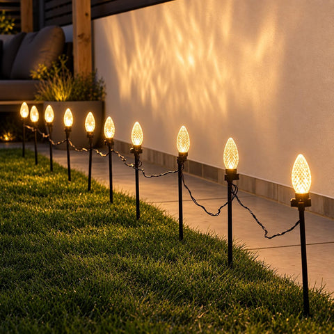 Festive Lights - 10 Colour Changing Diamond Cone Garden Stake Lights - 40 LEDs, 4.5m Lit Length, 8m Black Lead, 11 Functions, Mains Powered, IP44 Indoor Outdoor Decoration for Lawn, Pathway, Border