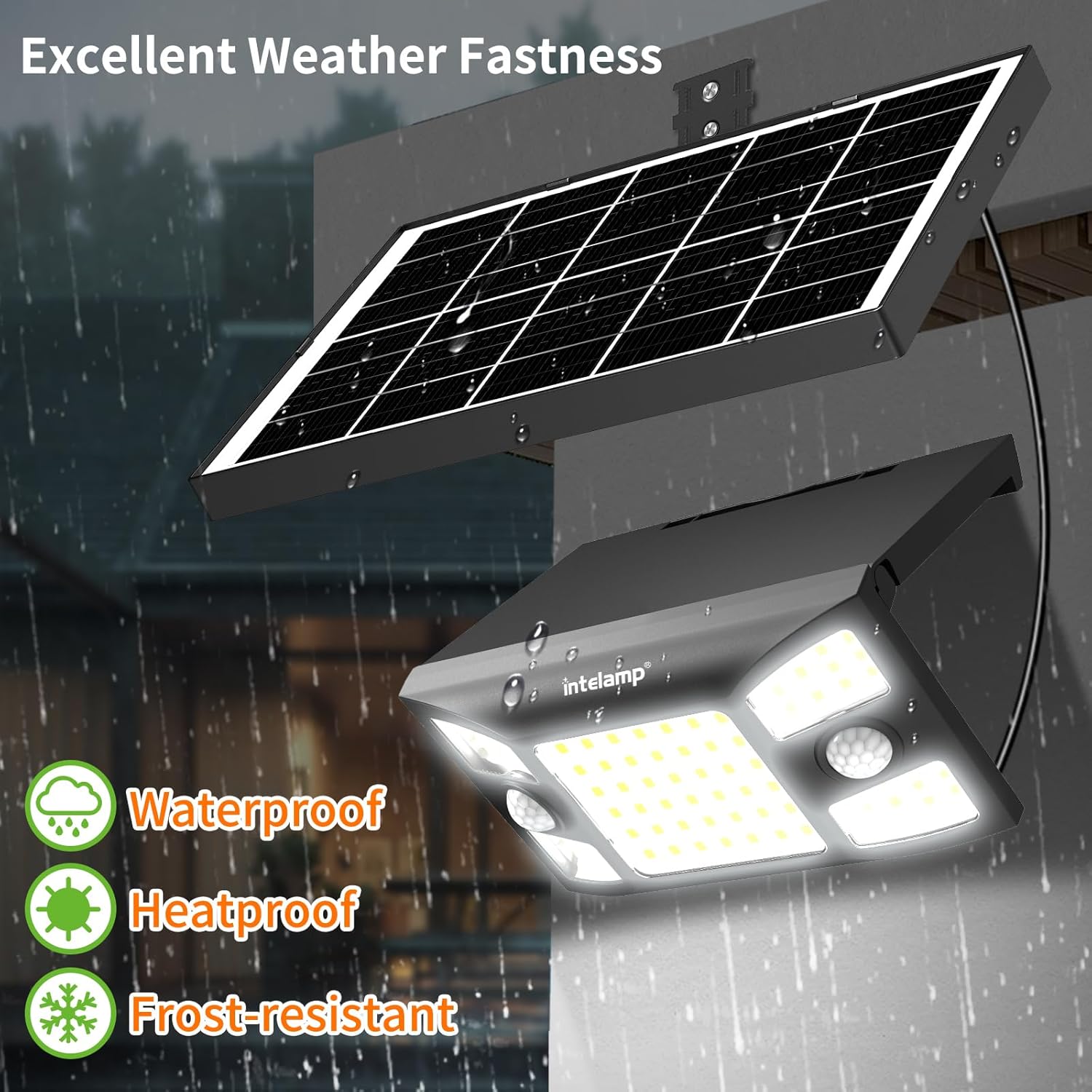 Solar light fixture with weather resistance features in a rain scene