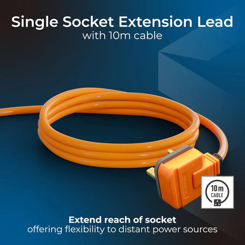 Masterplug One Socket Single Extension Lead, 10 Metre Cable, Unswitched, Heavy Duty, Rewireable, 1-Way Plug Extension Cable, Work Power, Permaplug, Orange, 13A, 1G, 10m, EXS13110O