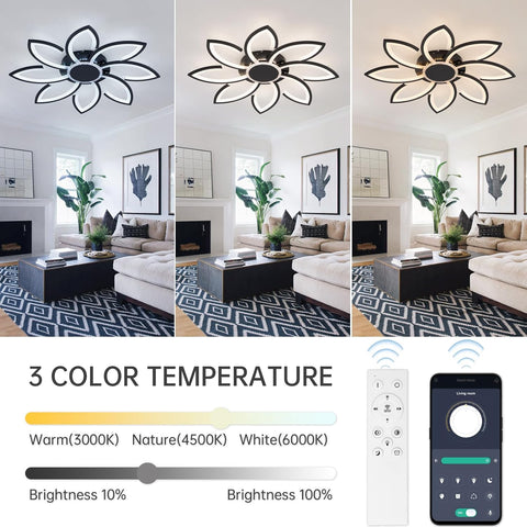 Ceiling light fixture with 3 color temperature options displayed in a living room setting.