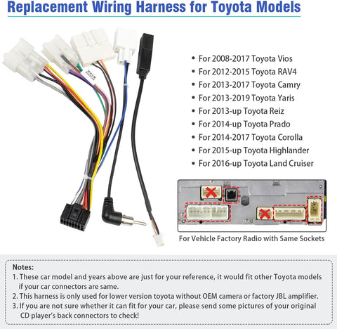 Jayubien 16Pin Android Radio Wire Harness Kit Replacement for 2012-Above Toyota Camry RAV4 Corolla Yaris Stereo Wiring Adapter with 28Pin SWC Connector Antenna USB Cord Non JBL