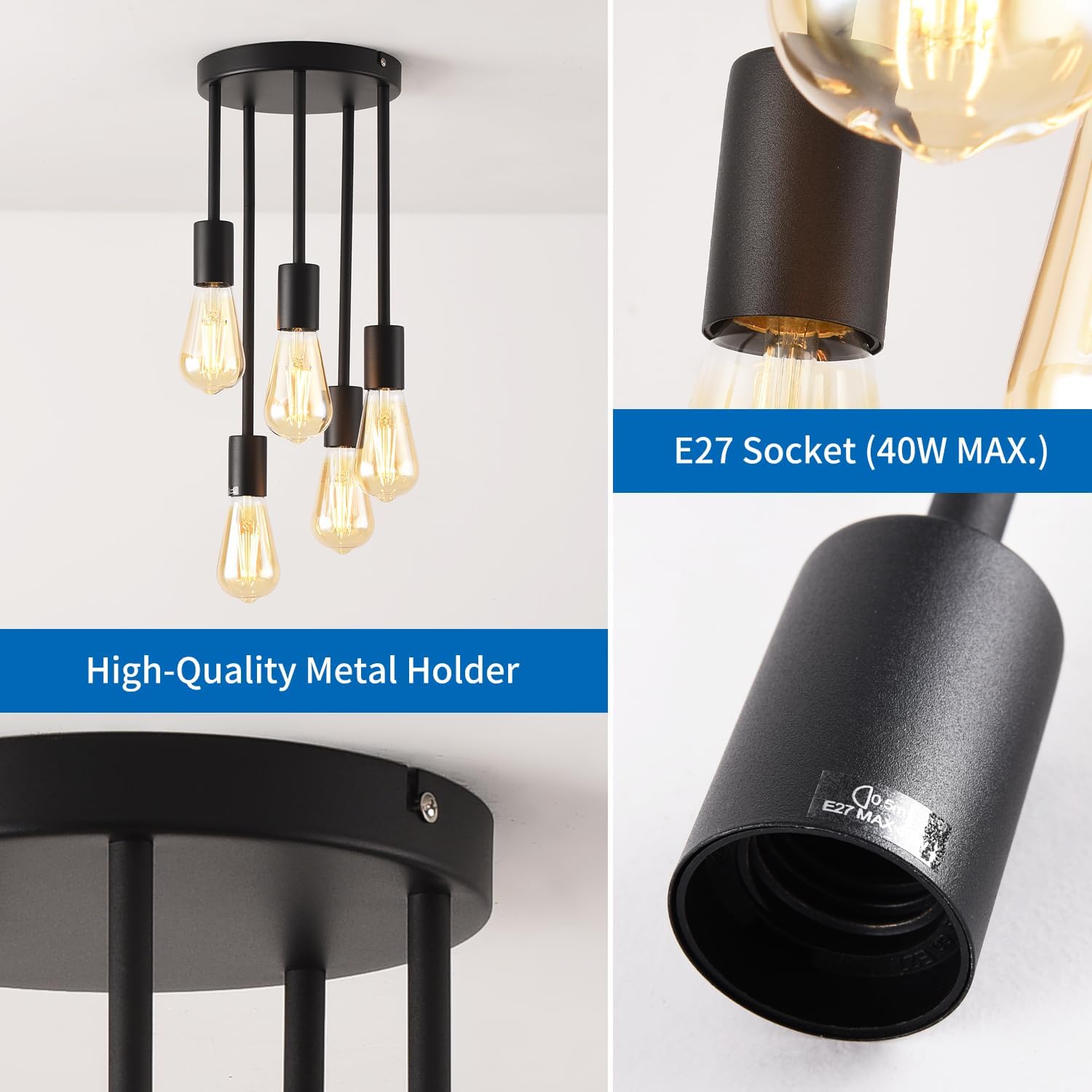 Light fixture with multiple bulbs and a close-up of the E27 socket on a white background.