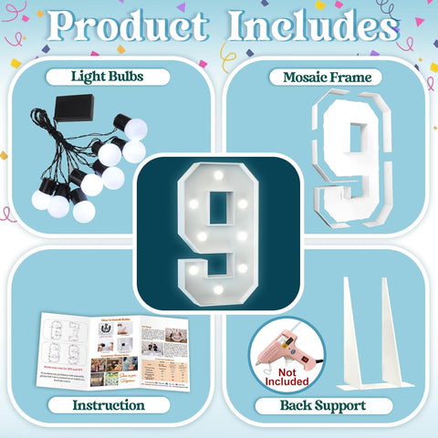 3FT Light Up Numbers Birthday Decoration Large Marquee Numbers 9 for 9th 90th Birthday Party Decor Wedding, Big Number Frame Foam Cardboard Mosaic Arch Stand Pre-cut Numbers