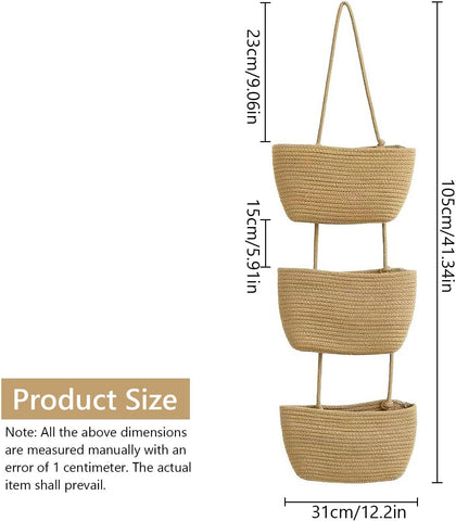 TFLPUO 3-Tier Hanging Storage Baskets, Khaki Cotton Rope Woven Door and Wall Organiser for Bedroom, Bathroom, Kitchen and Nursery