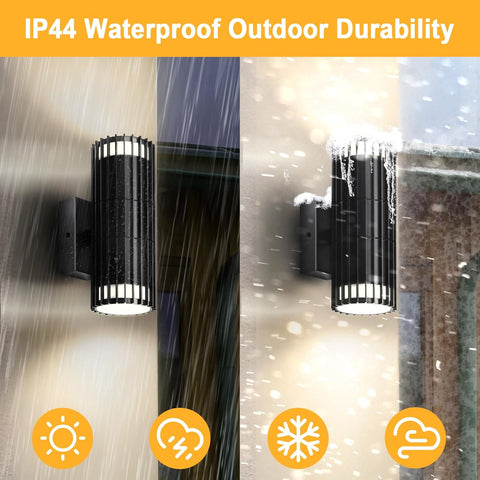 Outdoor wall light fixture with rain and snow effects, emphasizing IP44 waterproof rating.