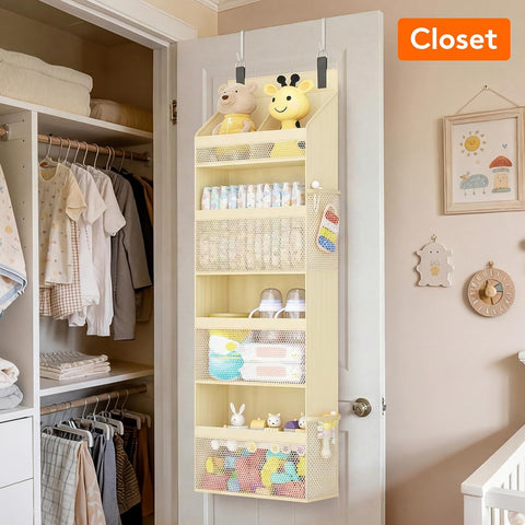 Lifewit 4-Tier Over Door Diaper Organiser, Beige – Space-Saving Hanging Nursery Storage with Mesh Windows