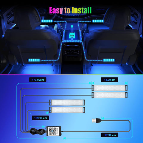 Car LED Interior Lights – RGB Ambient Lighting with APP Control, 16 Million Colours, USB Powered, Music Sync & Memory Function for Universal Vehicles