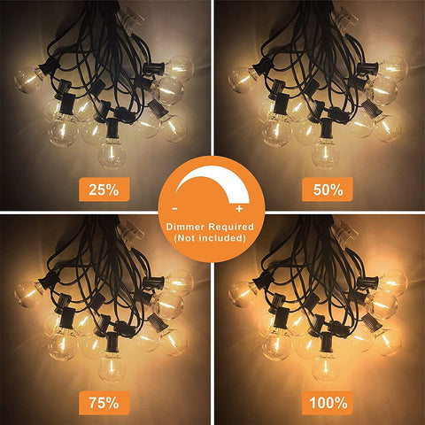 String lights with dimmer control shown at 25%, 50%, 75%, and 100% brightness.