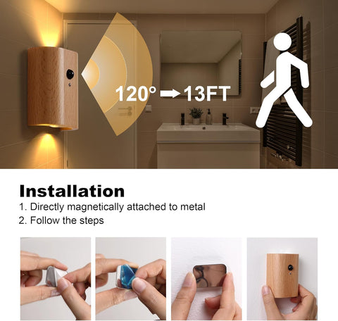 Wooden LED Wall Lamp, Motion Sensor Night Light, Rechargeable Sconce, Beech, 5.6 x 2.8 x 7.3 inches, Bedroom