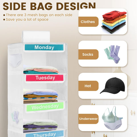 5- Shelf Weekly Clothes Organizer for Kids, Kids Daily Clothes Organiser, Day of Week Clothes Organiser ,Hanging Closet Organizer,Monday Through Friday Clothes Organizer for Hats T-Shirts (Grey)