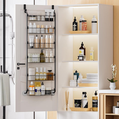 Delamu 8-Tier Over Door Storage Organiser, Adjustable Metal Pantry Shelves, Hanging Spice Rack for Kitchen, Bathroom & Laundry, White