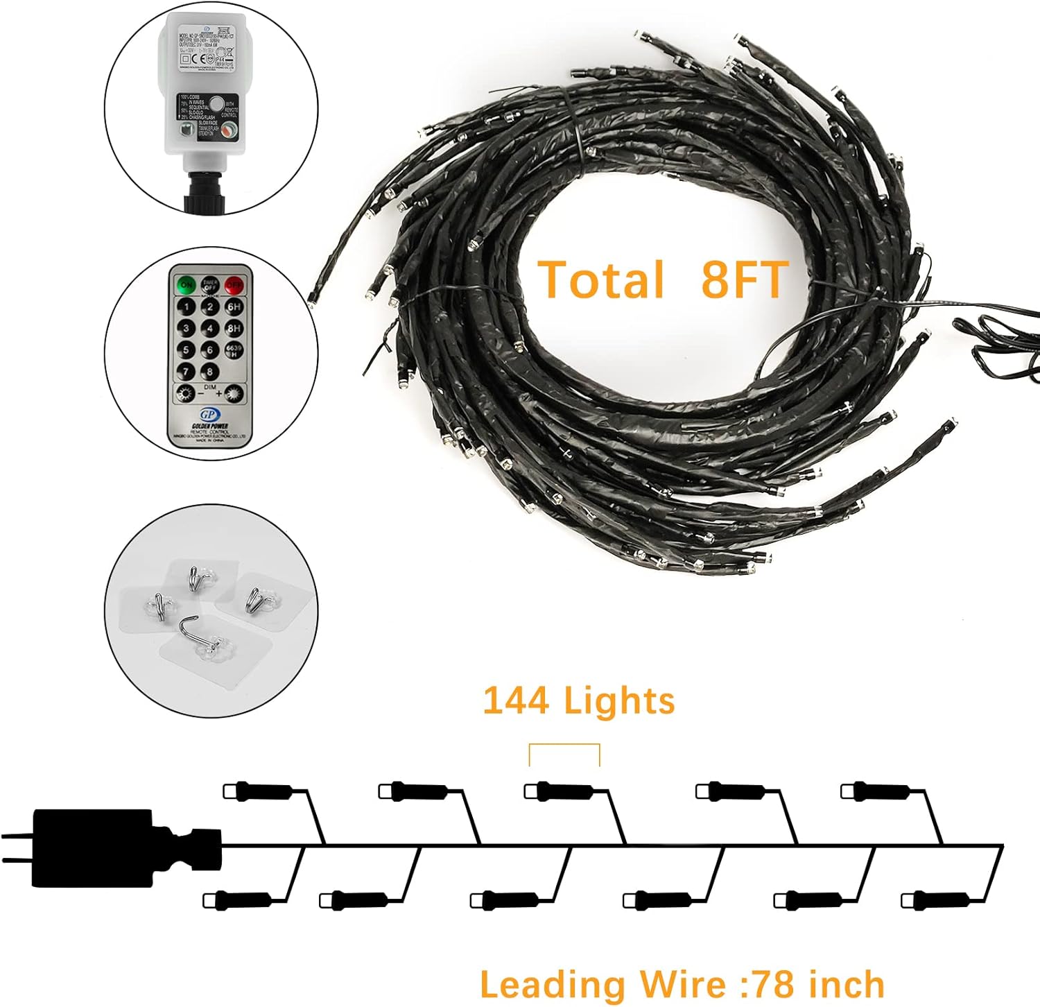 8-foot LED string light set with remote control, plug, and diagram on a white background