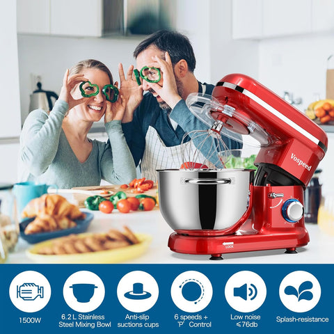 Vospeed 1500W Stand Mixer 6.2L Electric Food Mixer with Bowl, Beater, Dough Hook, Whisk, Spatula & Egg Separator – Red