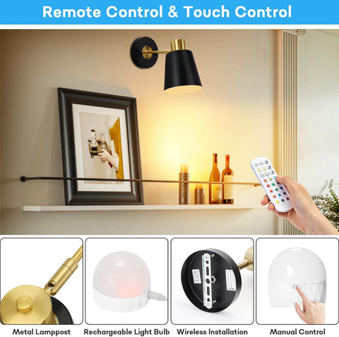 Battery Operated Wall Lights Indoor Rechargeable Wall Lights, Wireless Wall Sconces Set of 2, with Detachable Bulbs and Remote, Black Wall Light for Bedroom Living Room