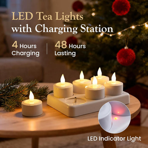 6PCS Rechargeable LED Tea Lights with Charging Base, Remote Timer Flameless Tealight Candles for Home & Party Décor