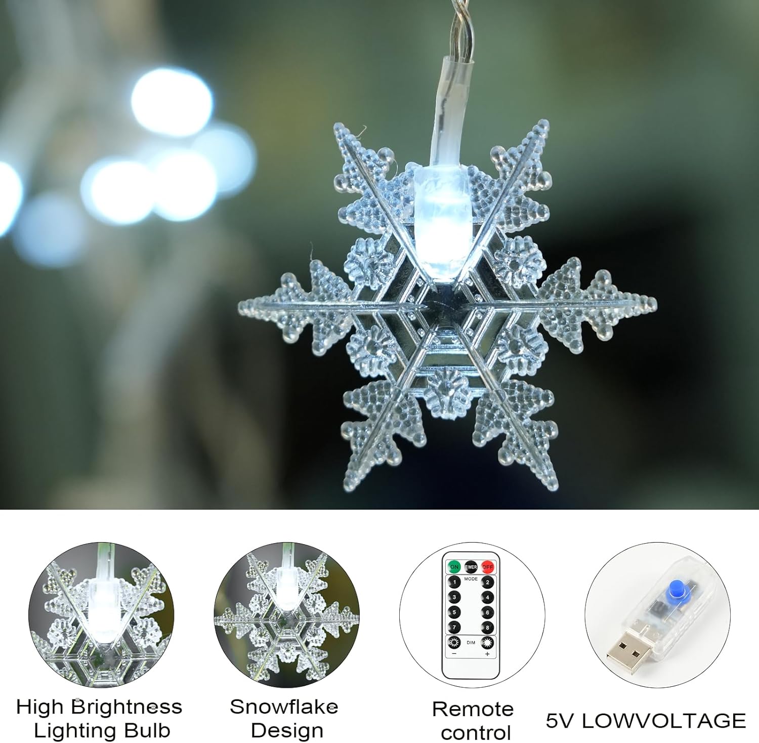 LED snowflake ornament with high brightness lighting bulb, snowflake design, remote control, and 5V lowvoltage features.