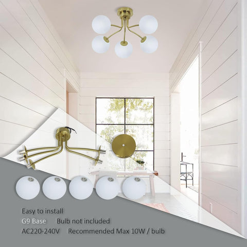 Modern Gold Chandeliers Ceiling Light, 5-Way White Globe Glass Shade with G9 Base, Semi Flush Mount Pendant Light for Living Room