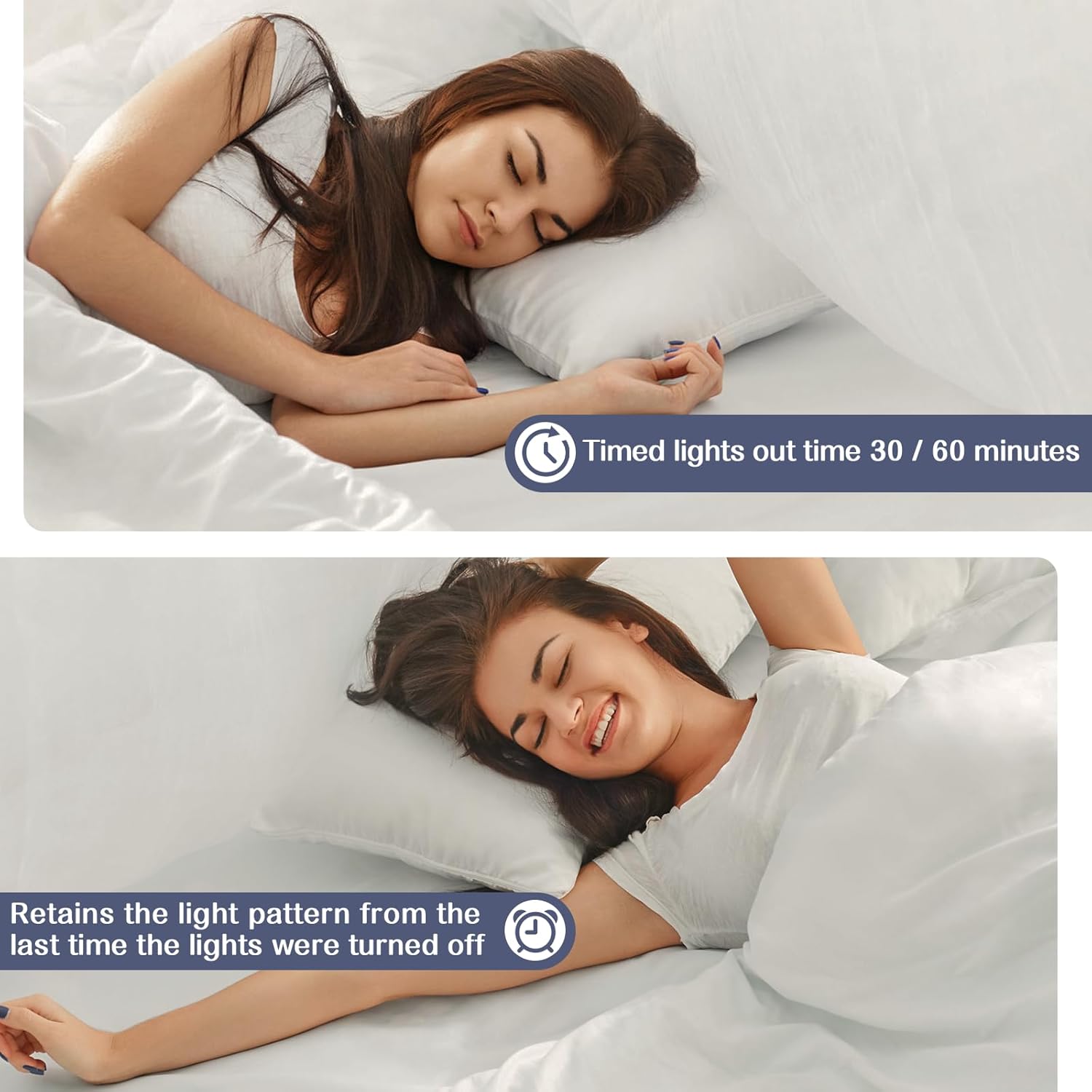 Woman sleeping with text about timed light-out feature and light pattern retention.