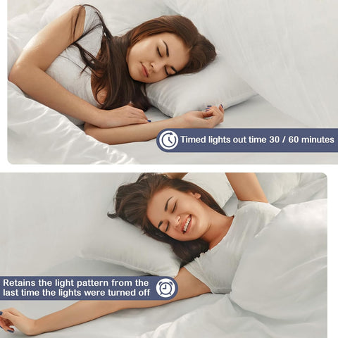 Woman sleeping with text about timed light-out feature and light pattern retention.