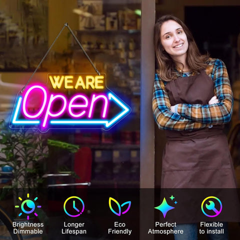 LED Neon WE ARE OPEN Sign 16"x7.8" – Ultra Bright Open Sign for Business, Shop, Bar, Restaurant, Store Wall Decor (Blue Pink Orange)