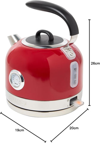 Red Retro Electric Kettle 1.5L – 3000W Fast Boil, Temperature Gauge, Auto Shut-Off, Boil-Dry Protection, Stainless Steel