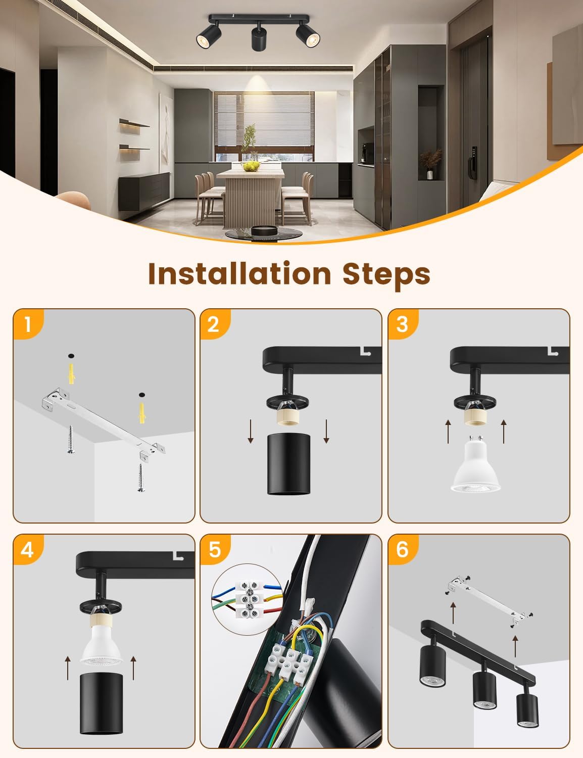 Black three-light fixture with packaging, installation manual, and tools on a beige background