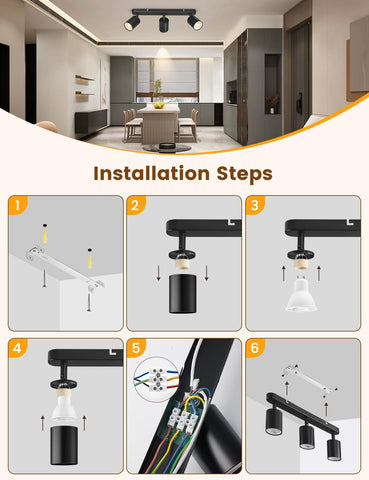 Black three-light fixture with packaging, installation manual, and tools on a beige background