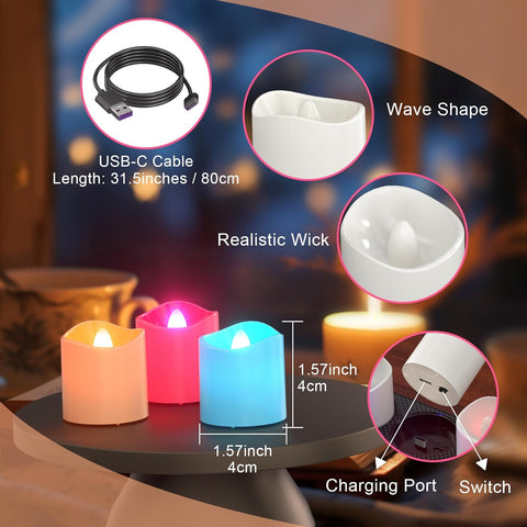 Rechargeable RGB Tea Lights, 12-Pack Flameless LED Candles with Remote, Timer & Charging Station for Home & Party Décor