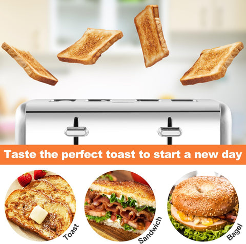 4 Slice Stainless Steel Toaster – Silver | LED Display, 4 Extra-Wide Slots, 6 Browning Levels, Defrost & Reheat