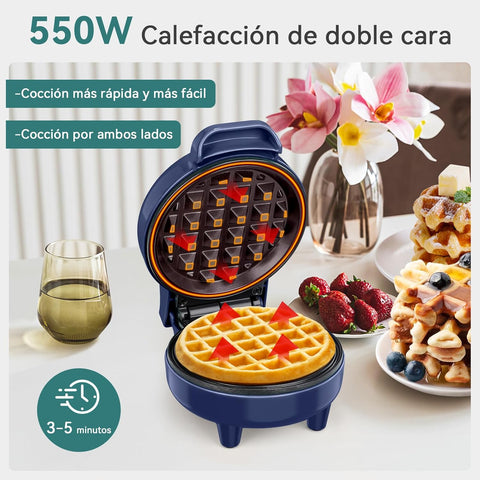 Snailar Mini Waffle Maker – 550W Nonstick Compact Waffle Iron, Ready Indicator Light, Cool Touch Handle, Easy Clean, Blue