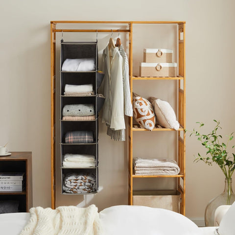 YOUDENOVA Hanging Wardrobe Organiser, 6 Shelves with Side Pockets, Grey – Make Every Shelf Count