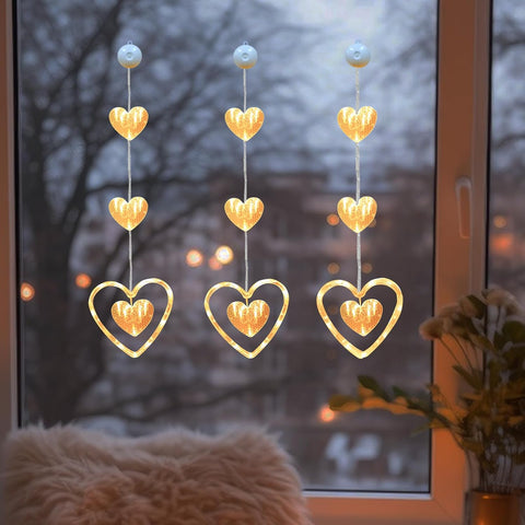 3Pcs LED Heart Shaped Fairy Lights, Battery Powered Valentine Window Lights with Suction Cups, Love Heart Hanging Curtain Lights for Window, Door & Home Decor