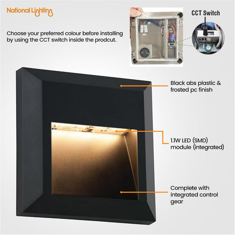 National Lighting Severus Black Finish Indirect Warm White LED Outdoor Square Guide Pathway Driveway Wall Light IP65 Rated