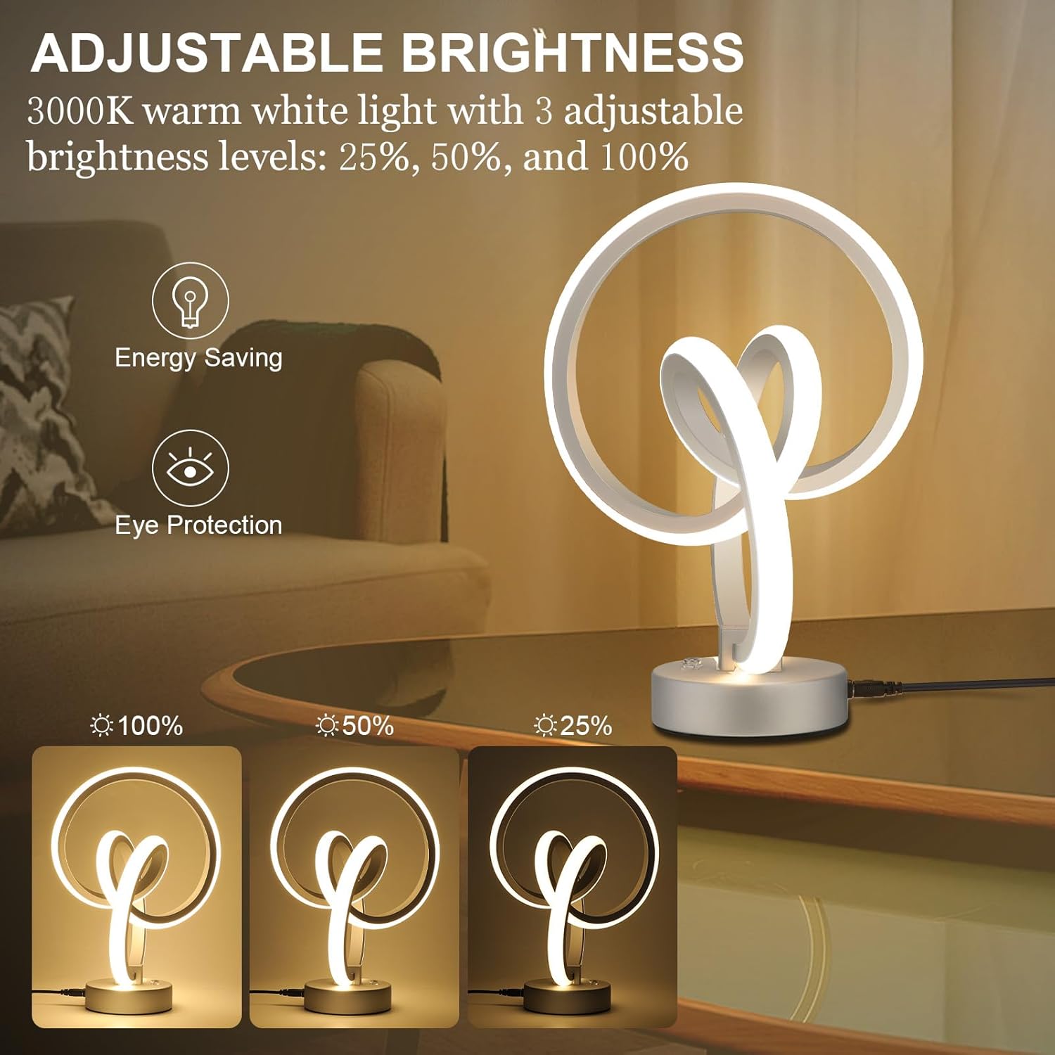 Modern table lamp with adjustable brightness on a living room setting