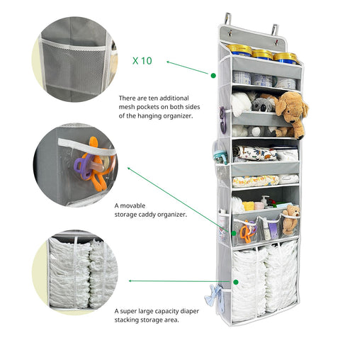 EZVERY Over the Door Baby Nappy Organiser, Beige Hanging Nursery Storage with 3 Bins, Removable Nappy Caddy and 10 Mesh Side Pockets